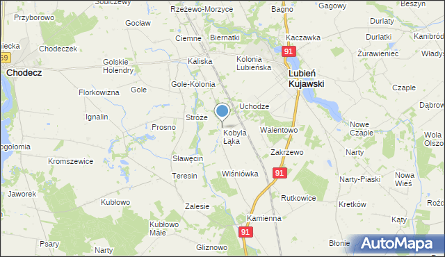 mapa Kobyla Łąka, Kobyla Łąka gmina Lubień Kujawski na mapie Targeo